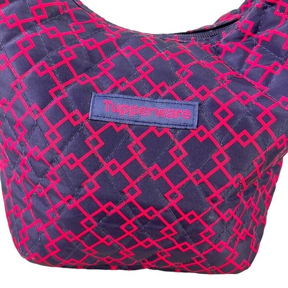 Tupperware Womens Quilted Hobo Handbag Lunch Tote Lunchbox Bag Travel Navy Pink - Picture 3 of 14
